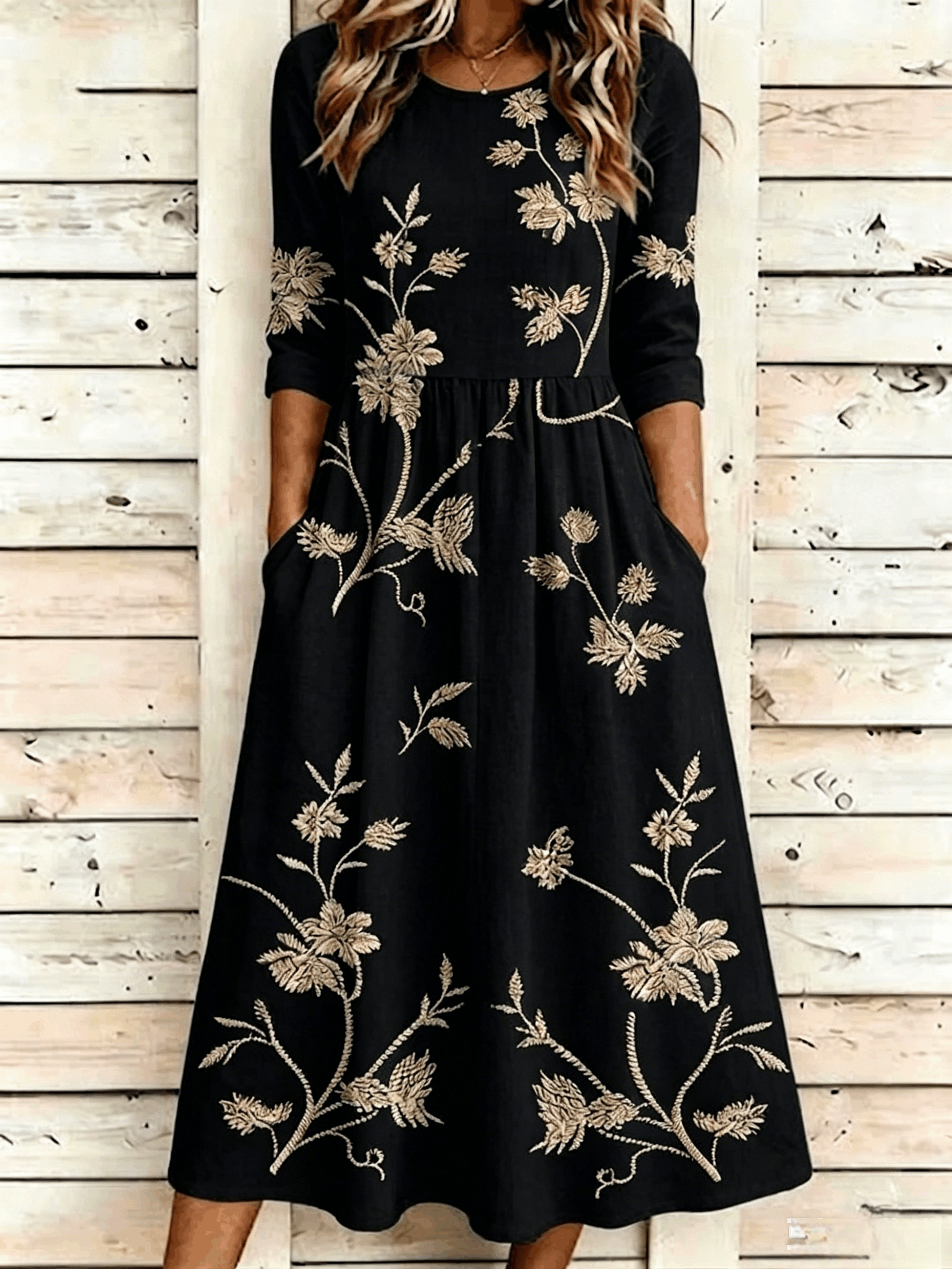 Floral Vintage Crew Neck Printing Dress With No