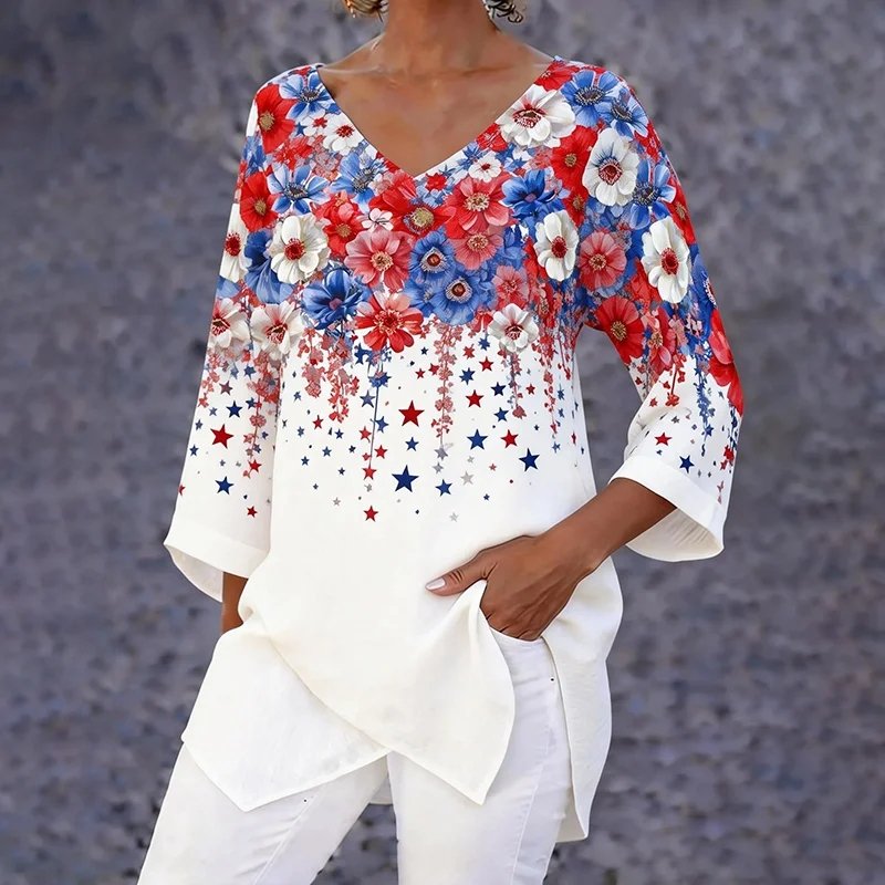 Women's Loose V-Neck Design With 3/4 Sleeves