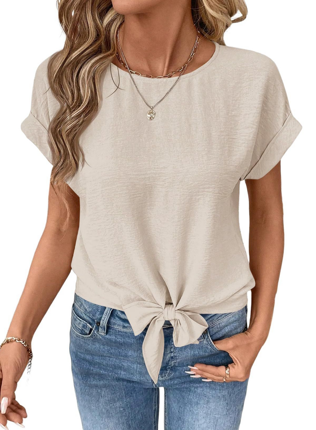 Elegant Plain Short Sleeve Crew Neck Bow Tie Bottom Going Out Casual Top