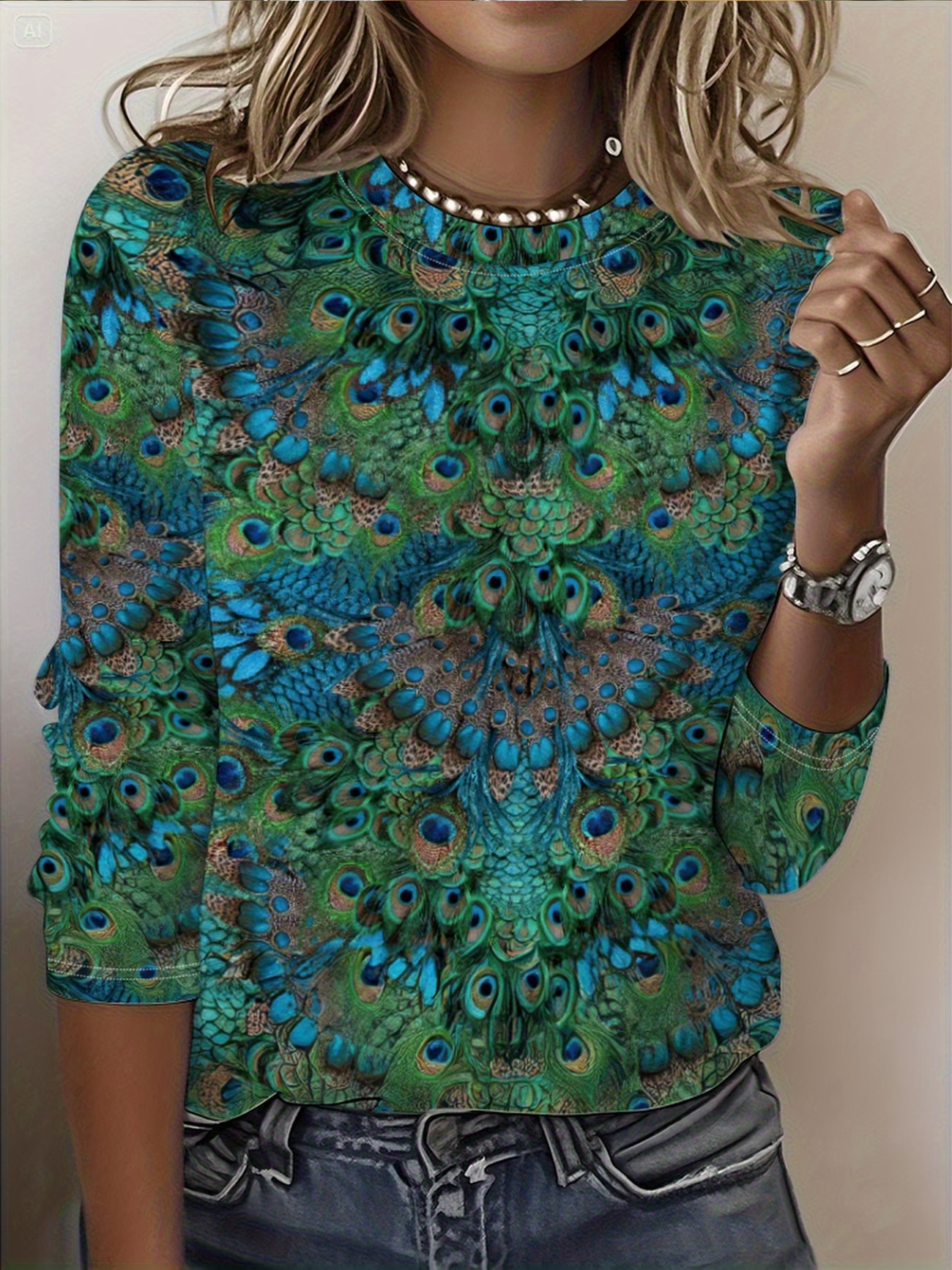 Women's Long Sleeve T-shirt Spring/Fall Green Abstract Printing Jersey Crew Neck Daily Going Out Casual Top