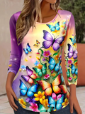 Women's Long Sleeve T-shirt Spring/Fall Purple Butterfly Printing Jersey Crew Neck Daily Going Out Casual Top