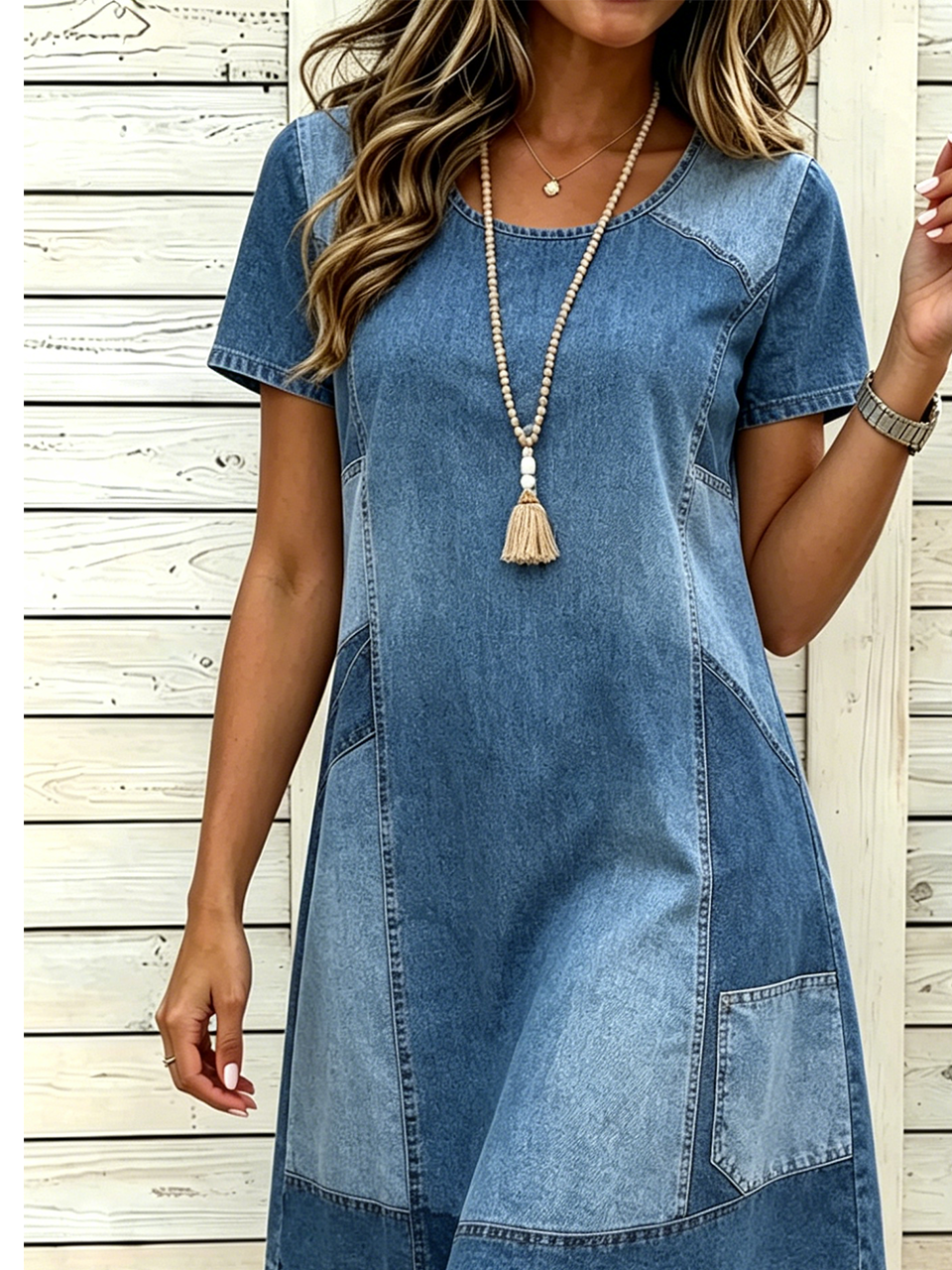 Vintage Jersey Faux Denim Print Graphic Crew Neck Dress With No