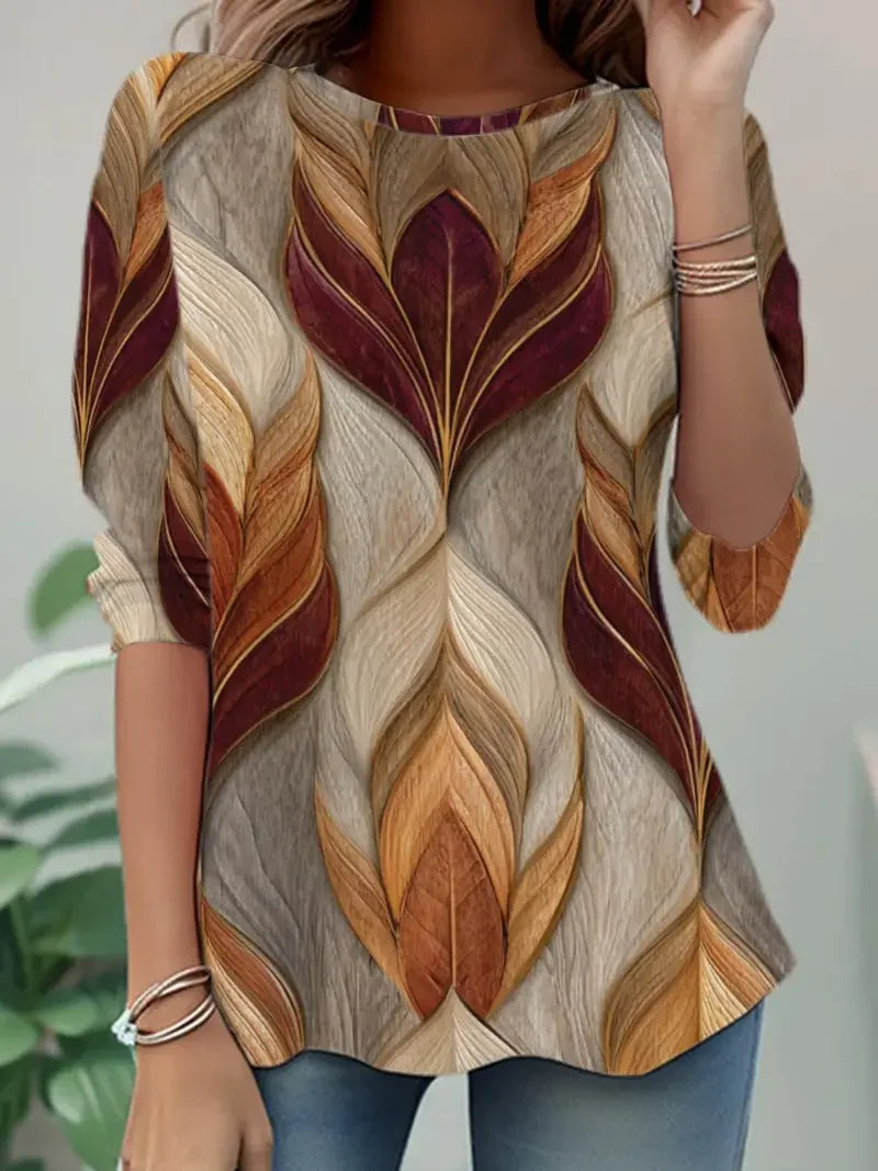 Women's Long Sleeve T-shirt Spring/Fall Brown Abstract Jersey Crew Neck Daily Going Out Casual Tunic Top