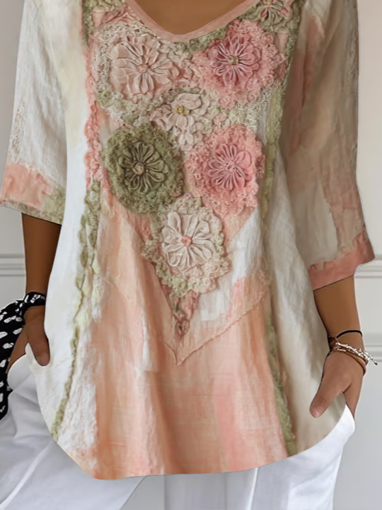 Women's Three Quarter Sleeve T-shirt Spring/Fall Pink Floral Printing V Neck Daily Going Out Casual Top
