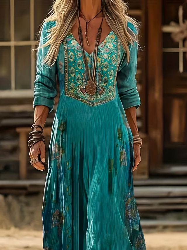 Women's Long Sleeve Spring/Fall Cyan Ethnic Printing V Neck Daily Going Out Vintage Maxi H-Line Dress