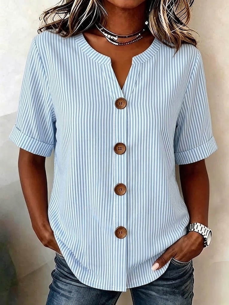 Striped Linen Blend Stand Collar Simple Loose Shirt