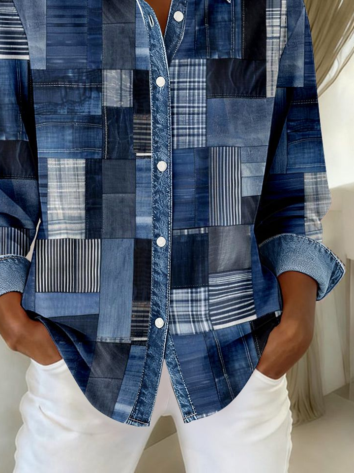 Women's Long Sleeve Shirt Spring/Fall Blue Faux Denim Print Graphic Buckle Shirt Collar Regular Sleeve Daily Going Out Casual Top