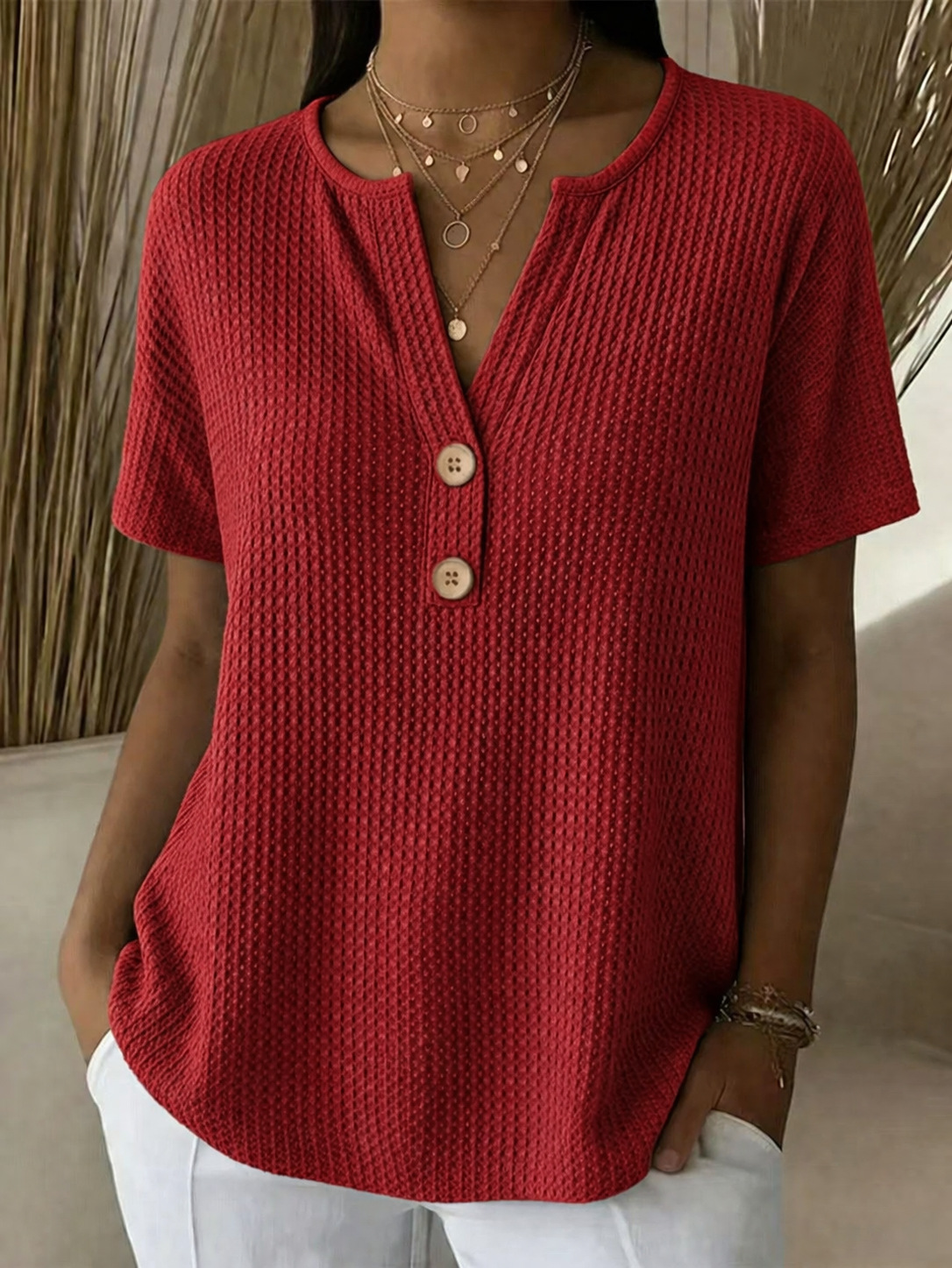 Waffle Plain V Neck Short Sleeve Button Daily Going Out Casual Loose Blouse