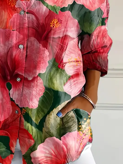 Women's Long Sleeve Shirt Spring/Fall As Picture Floral Buckle Shirt Collar Daily Going Out Casual Top