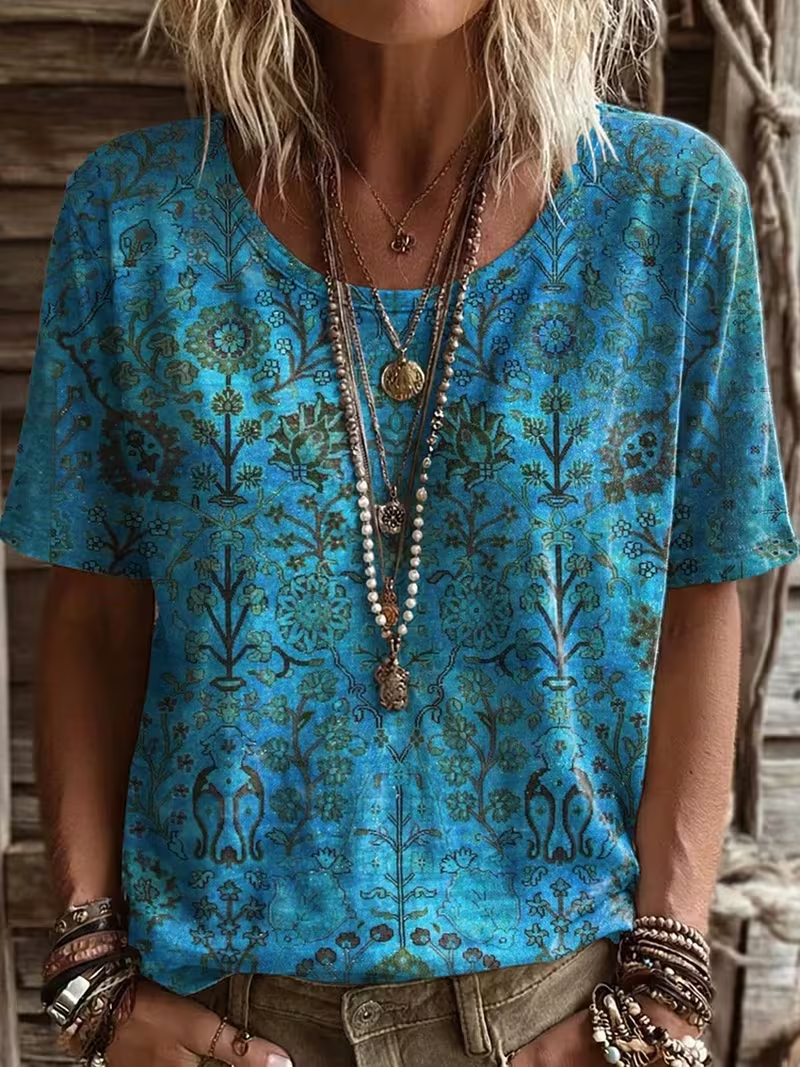 Women's Short Sleeve T-shirt Summer Blue Floral Printing Jersey Crew Neck Daily Going Out Casual Top