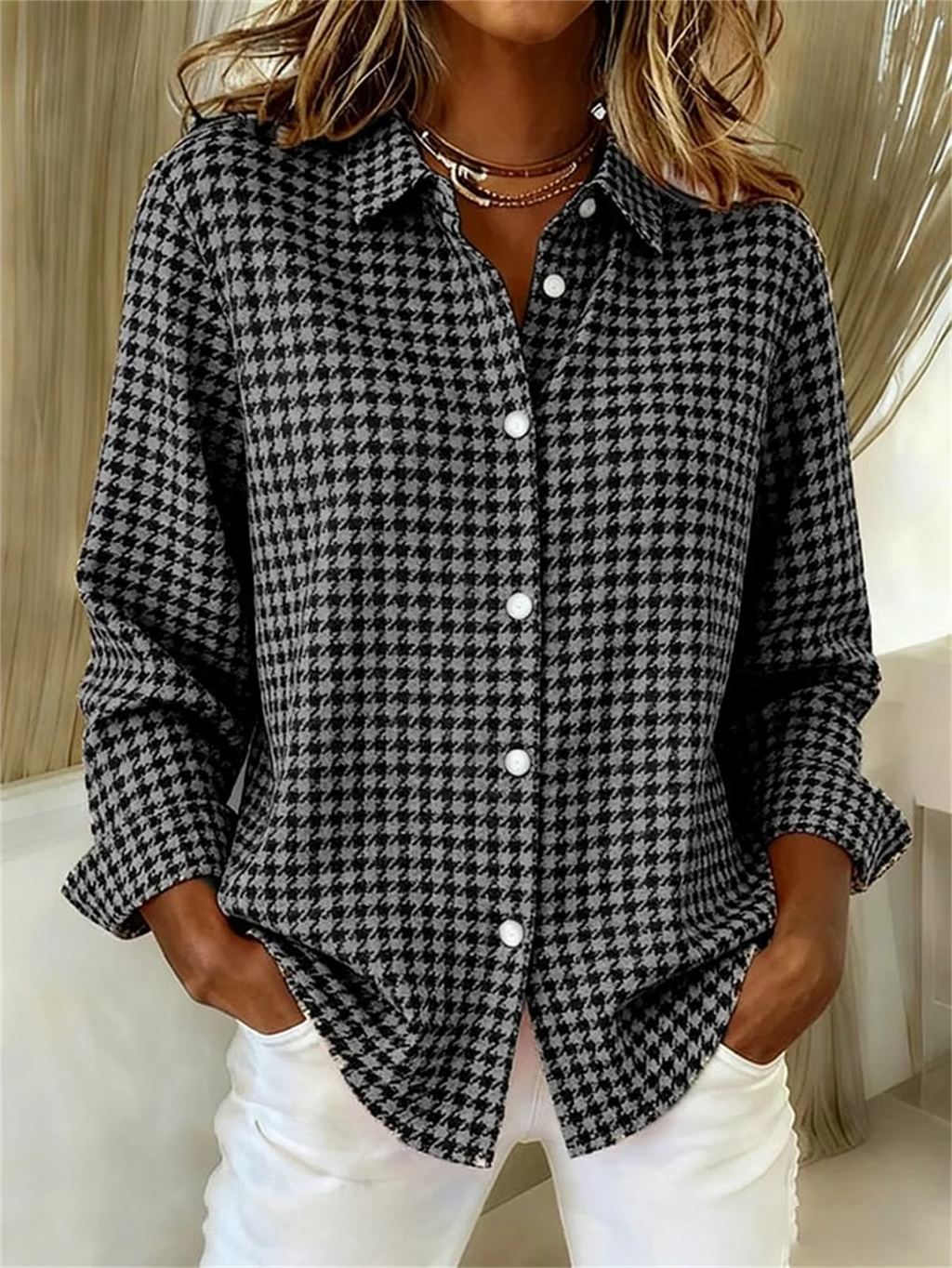 Women's Long Sleeve Shirt Spring/Fall Gray Houndstooth Buckle Shirt Collar Regular Sleeve Daily Going Out Casual Top