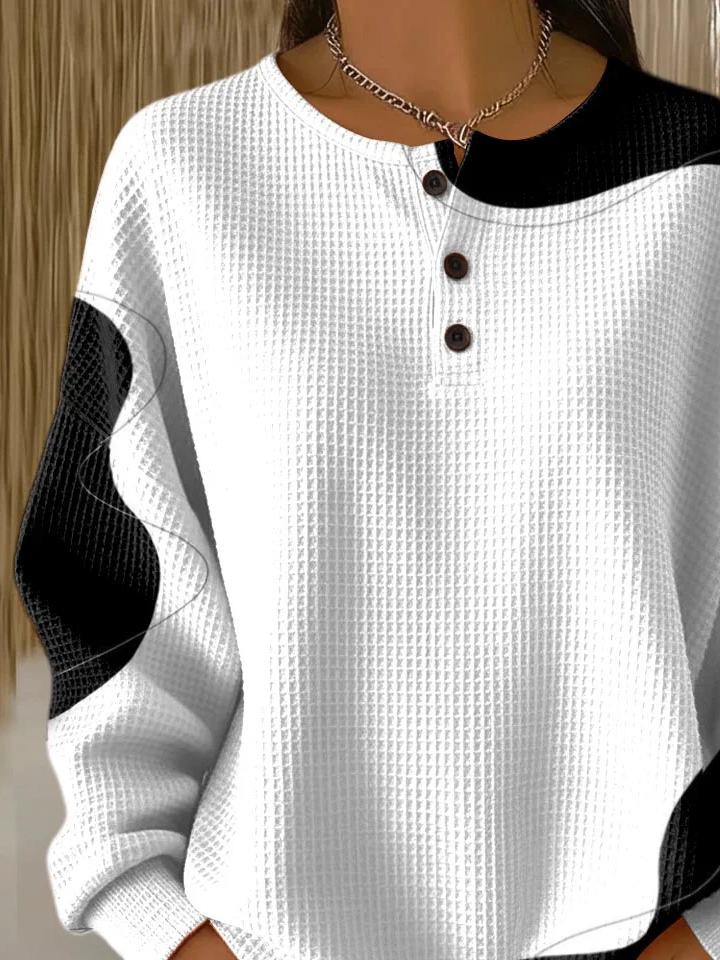 Women's Abstract Print Button-Up Casual Waffle Knit Sweatshirt