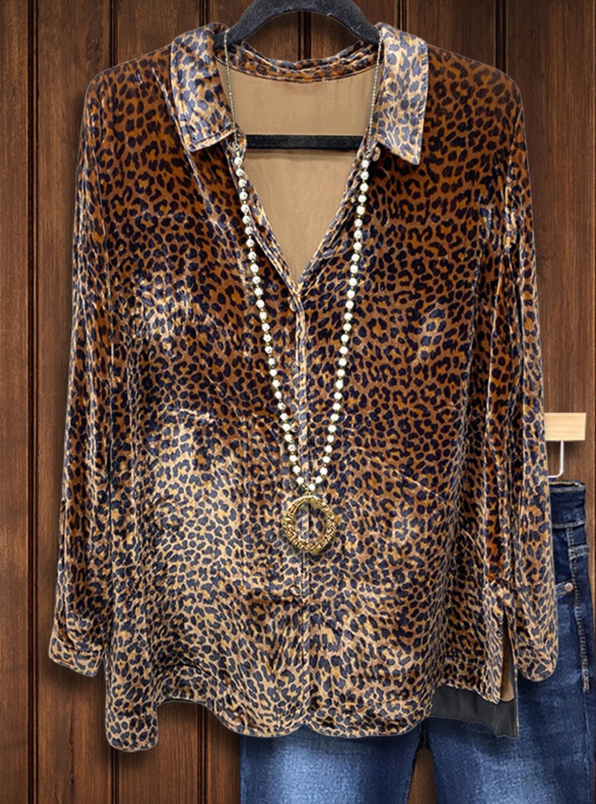 Casual Loose Velvet Leopard Print Shirt