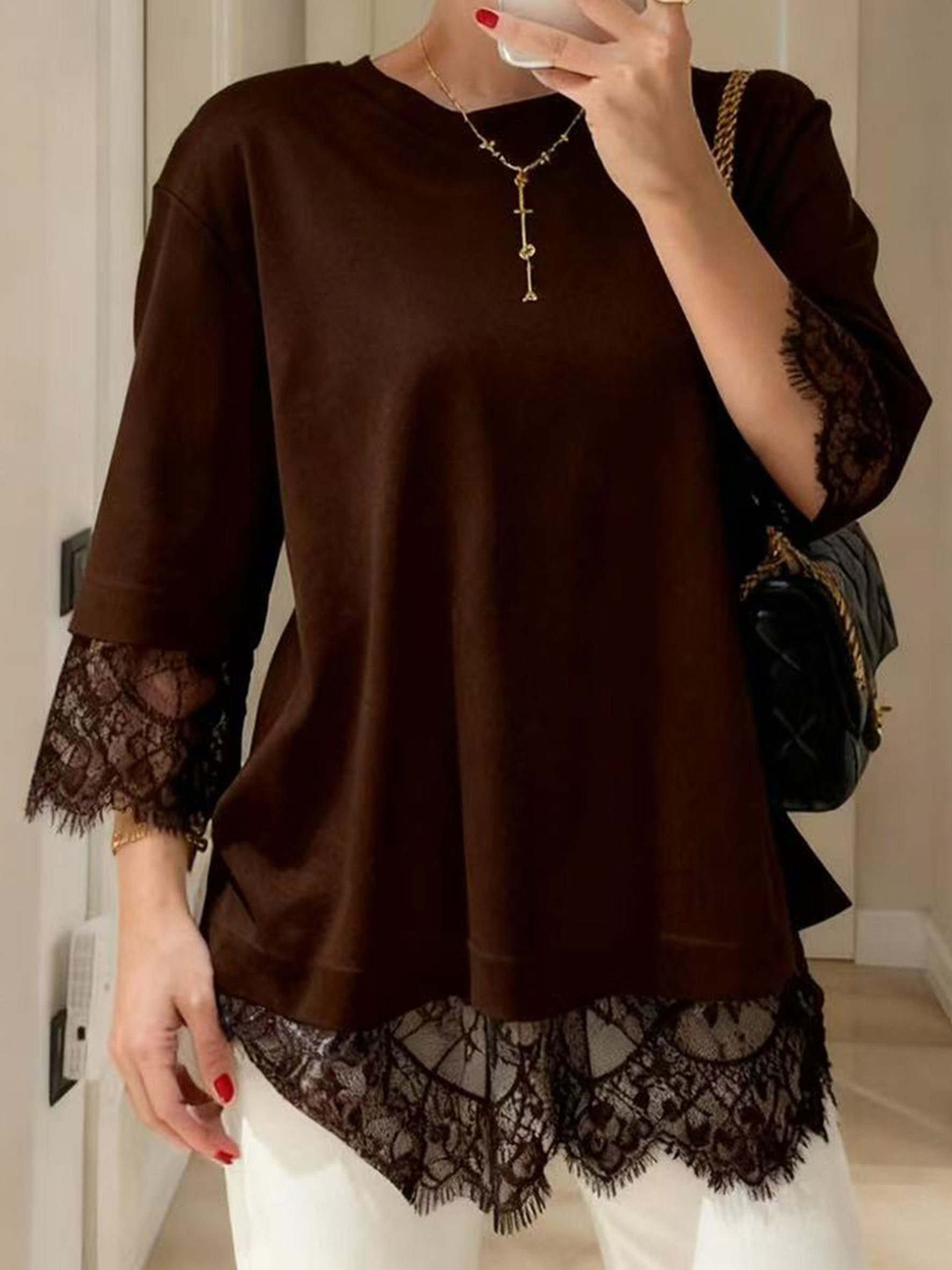 Elegant Plain Lace Patchwork Top Crew Neck Short Sleeve Casual Loose T-Shirt