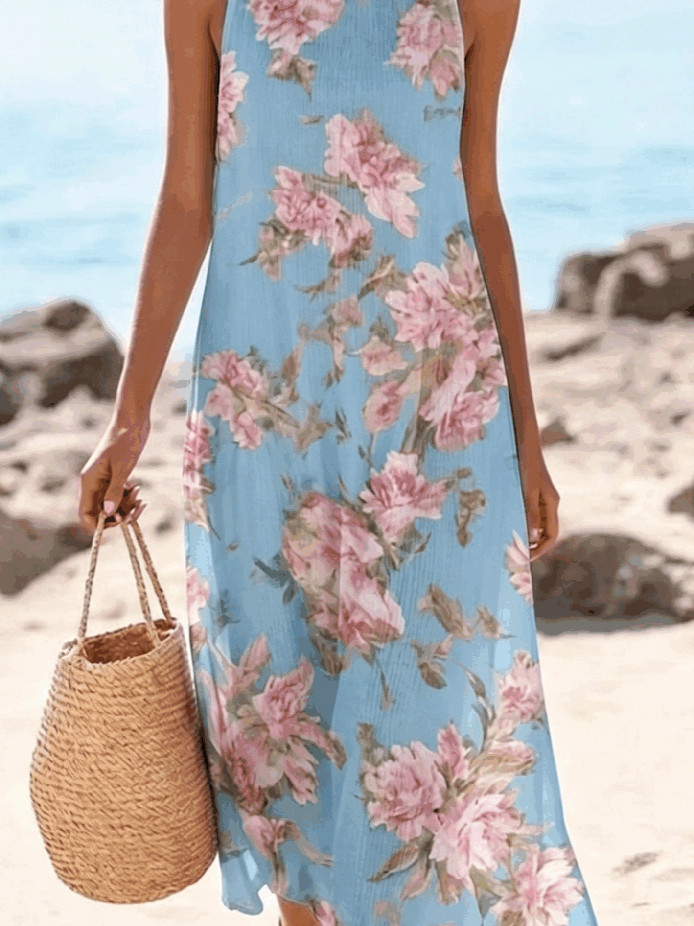 Women's Green Floral Print Sleeveless Maxi Dress Casual Beach Dress