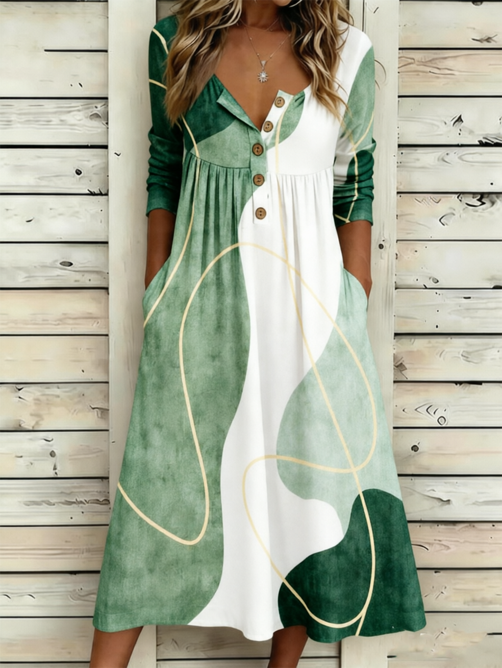 Geometric Half Open Collar Casual Loose Dress With No