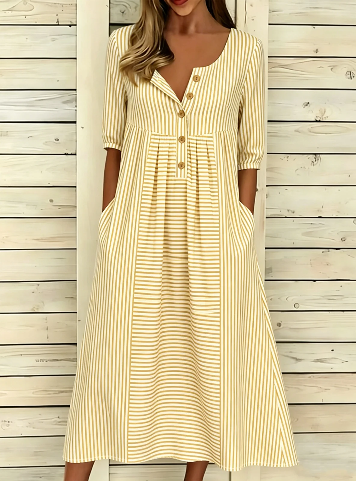 Loose Striped Vintage Half Open Collar Dress With No
