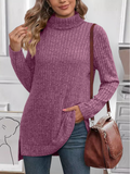 Women's Long Sleeve T-shirt Spring/Fall Fuchsia Plain Split Joint Turtleneck Daily Going Out Vintage Top