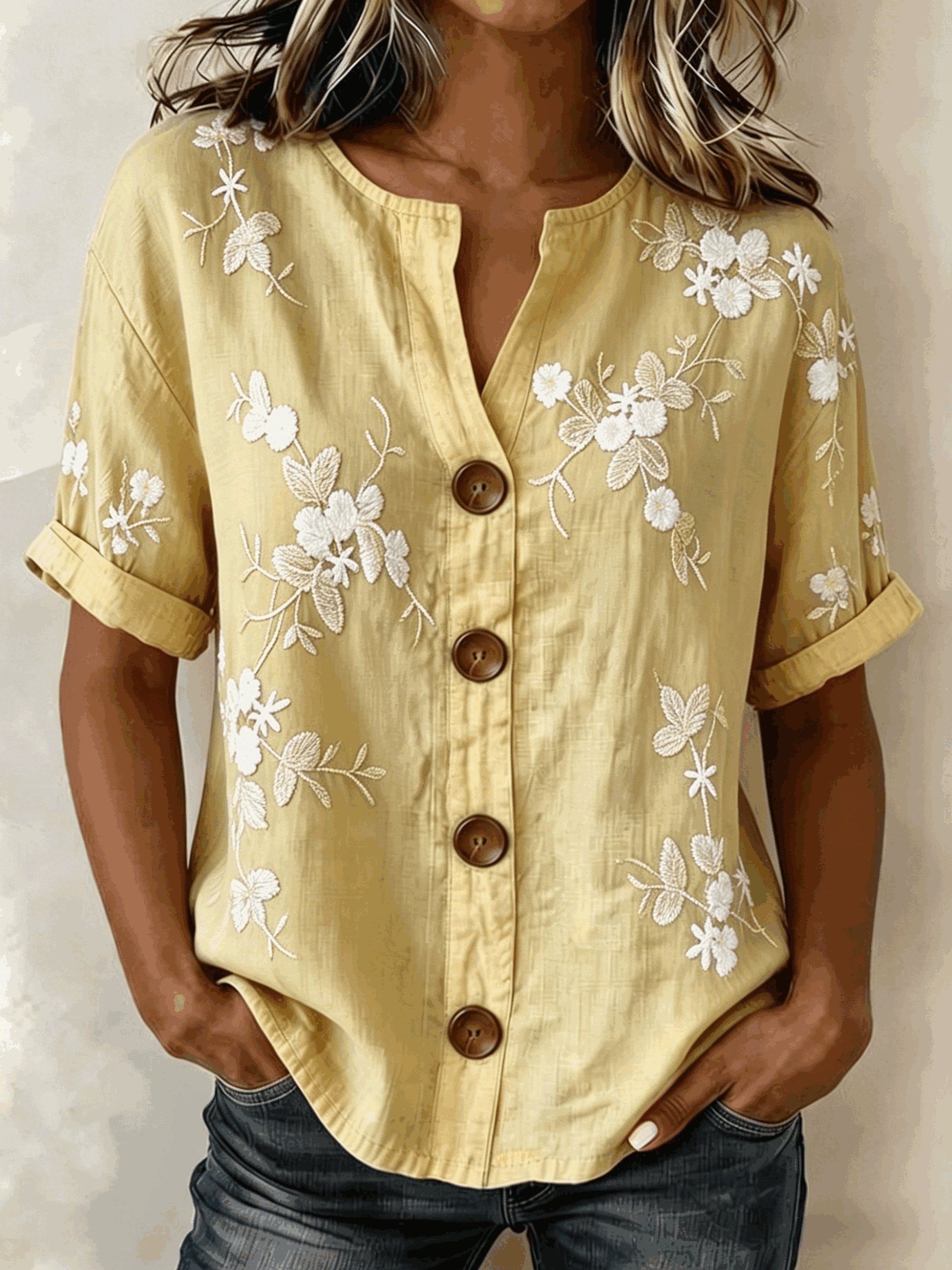 Linen Blend 3D Floral Print Henley Neck Button Front Roll Cuff Casual Blouse