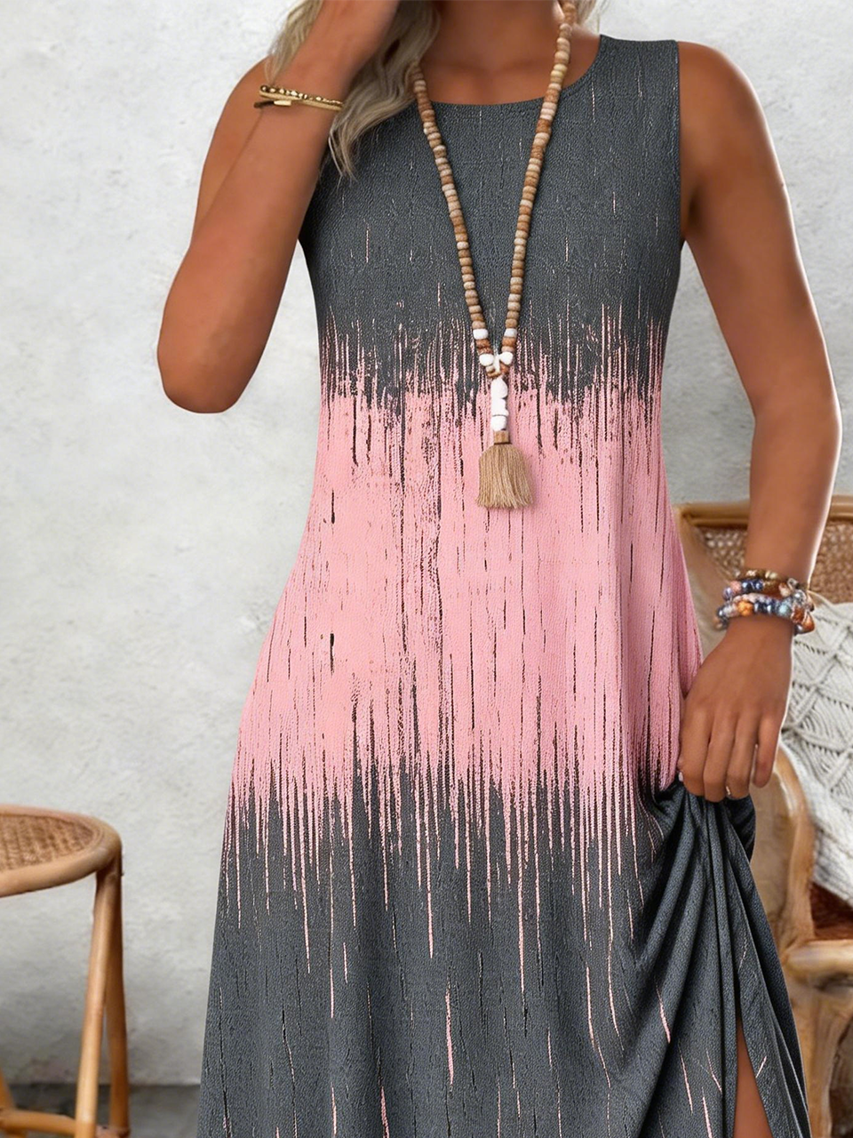 Women’s Grey and Pink Ombre Gradient Print Sleeveless Round Neck Casual Midi Dress