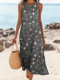 Women’s Charcoal Floral Print Sleeveless Round Neck Maxi Boho Beach Dress