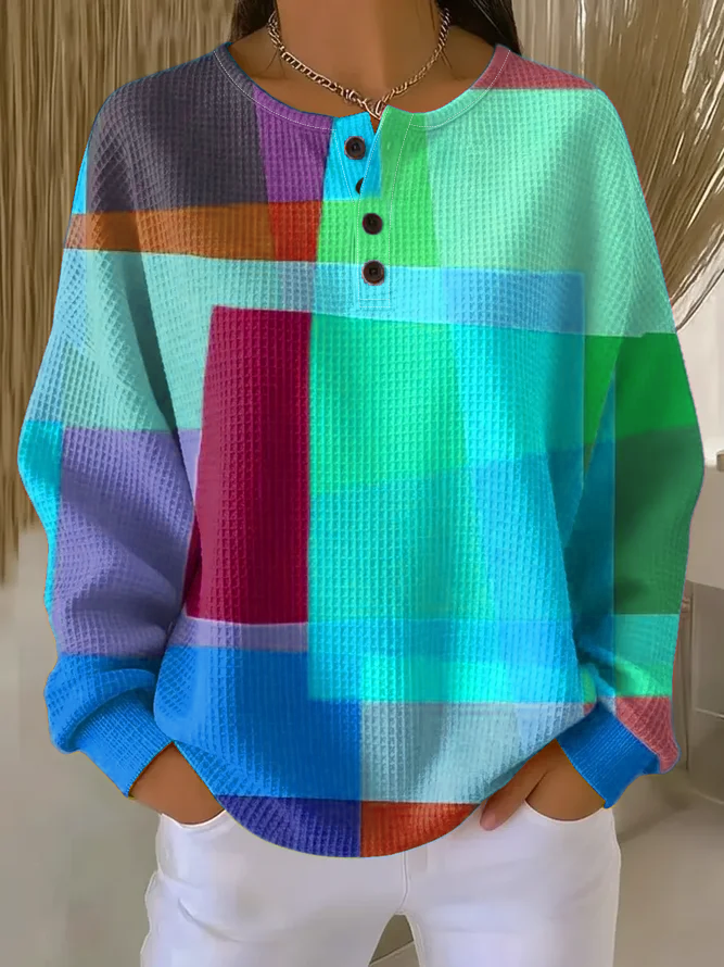 Women's Abstract Print Button-Up Casual Waffle Knit Sweatshirt