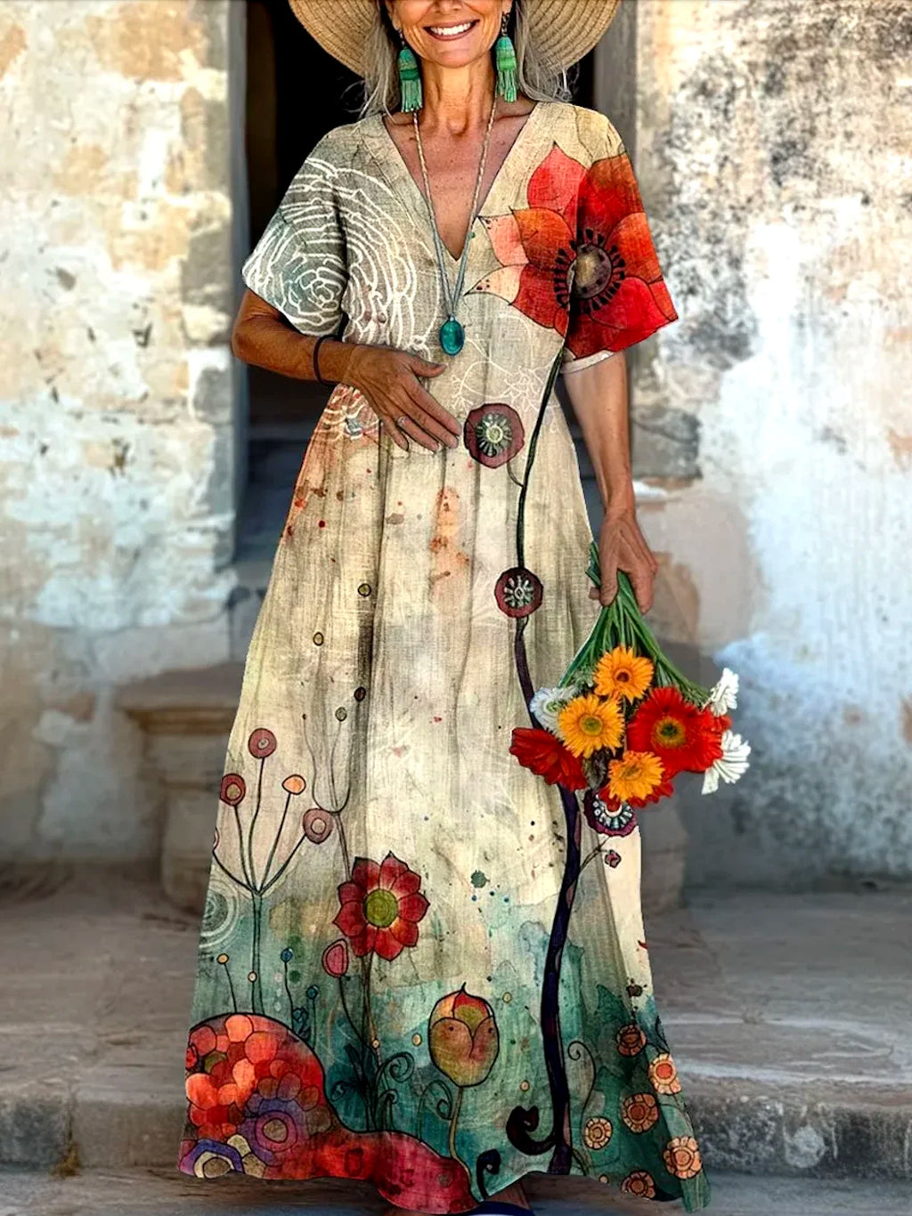 V Neck Casual Cotton Floral Dress With No Belt