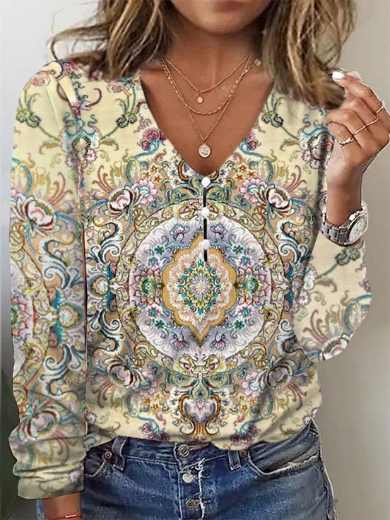Women's Long Sleeve T-shirt Spring/Fall Red Geometric Printing V Neck Daily Going Out Vintage Top