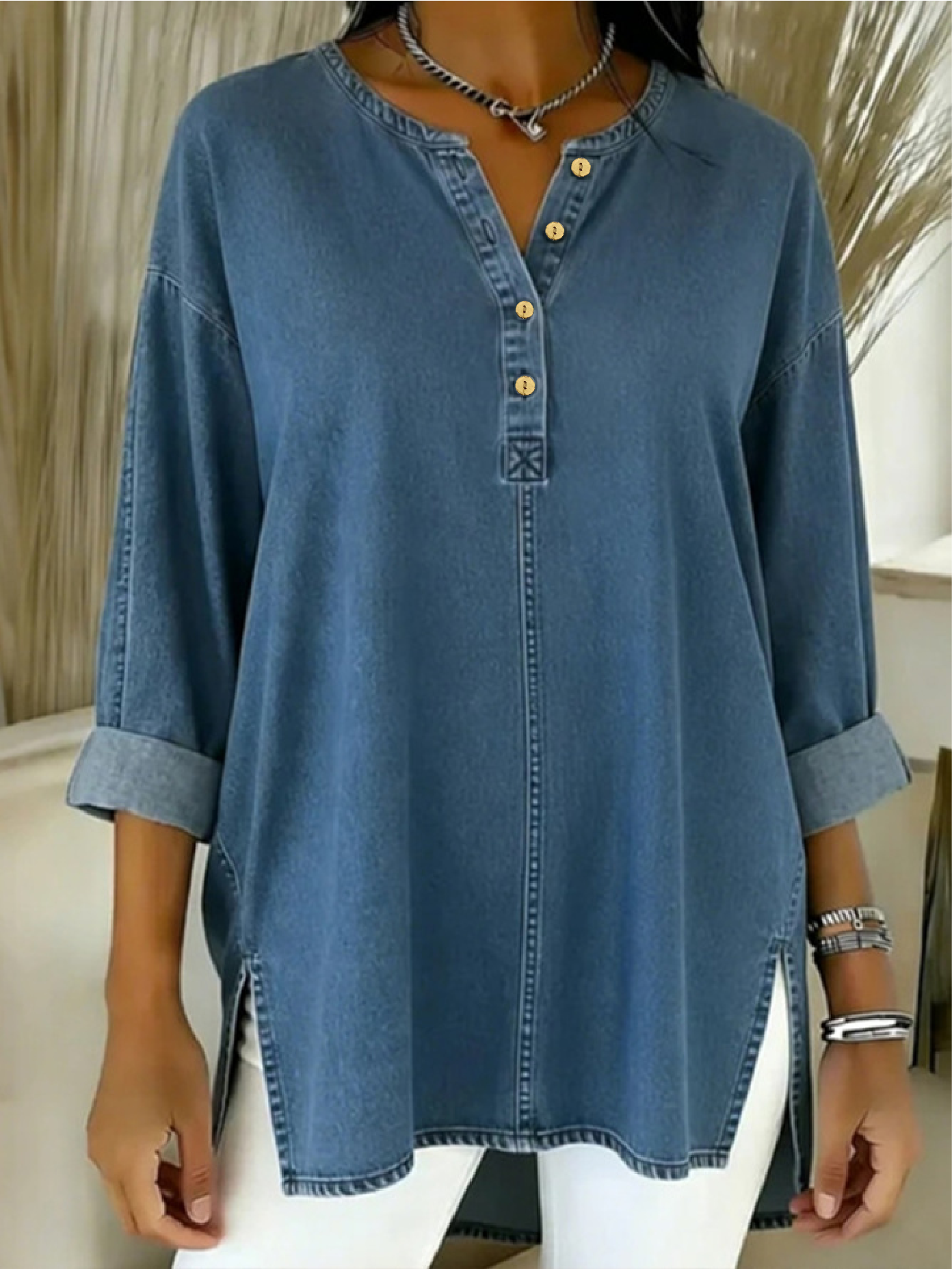 Washed Denim Crew Neck Button Going Out Casual Blouse