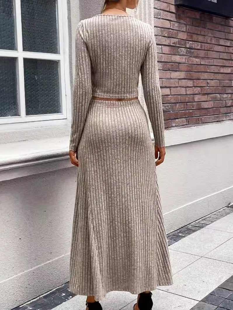 Women's Split Joint Plain Daily Going Out Two-Piece Set Coffee Casual Spring/Fall Top With Skirt Matching Set