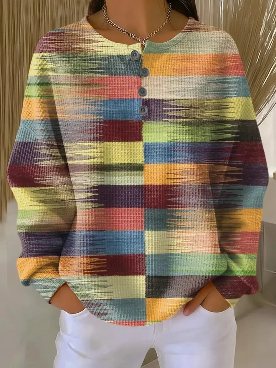 Women's Abstract Print Button-Up Casual Waffle Knit Sweatshirt