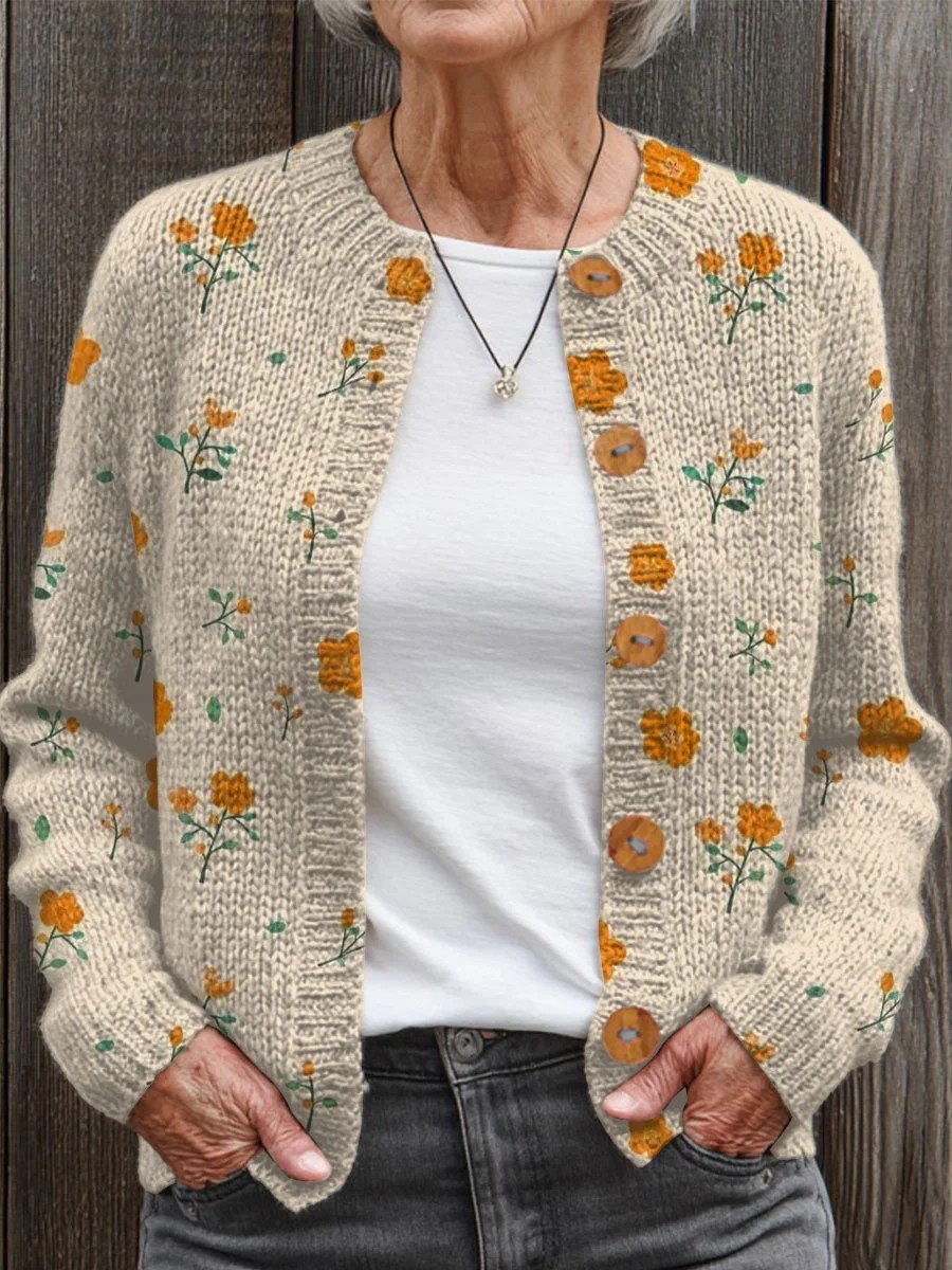 Crew Neck Vintage Loose Floral Cardigan