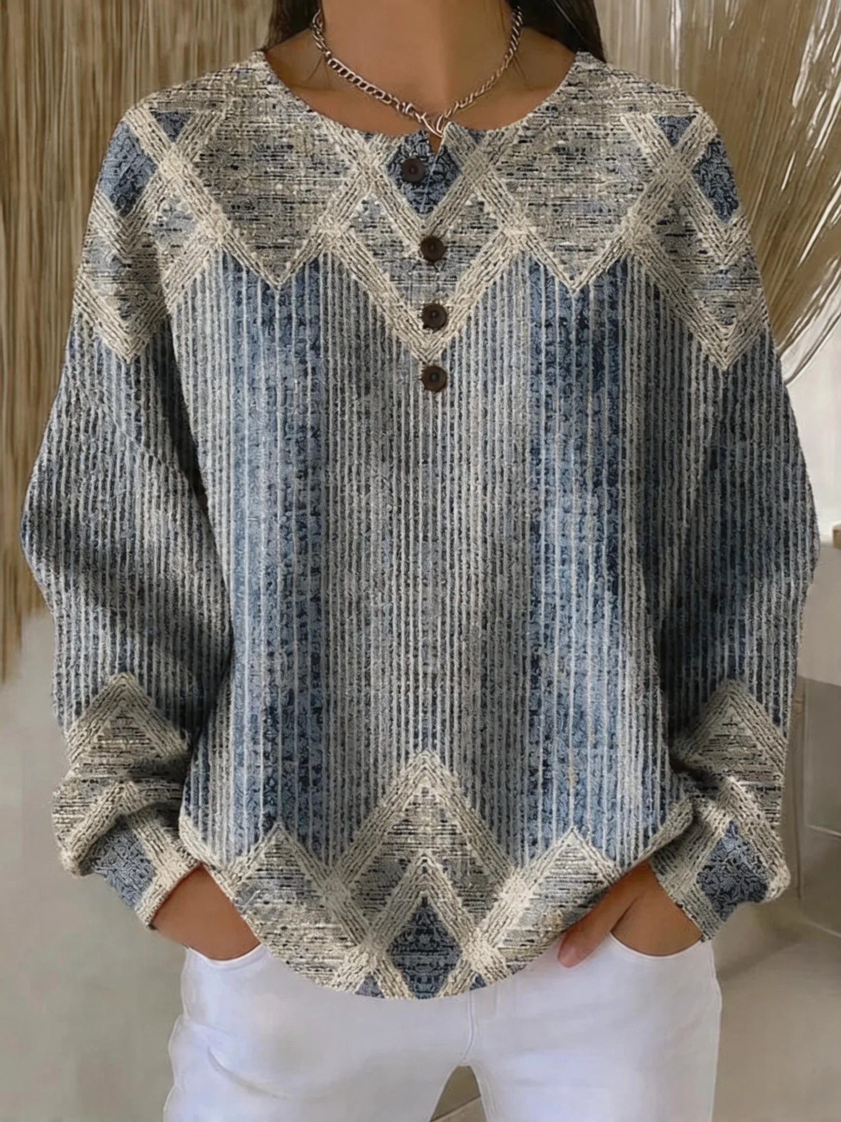 Women's Blue Geometric Patchwork Henley Pullover Ribbed Long Sleeve Casual Sweatshirt