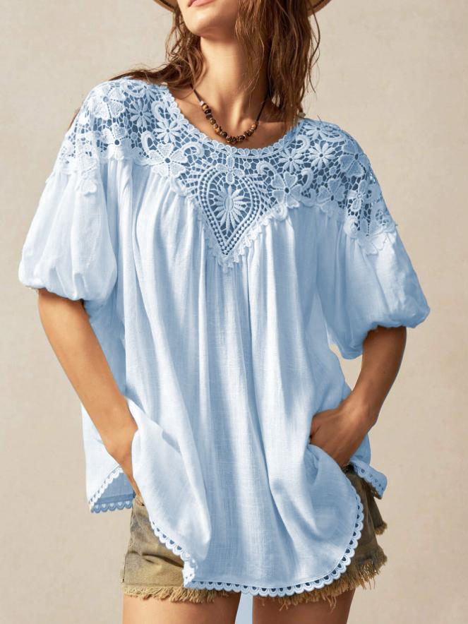 Polyester Cotton Lace Patchwork Crew Neck Puff Sleeve Western Style Summer Spring Going Out Blouse