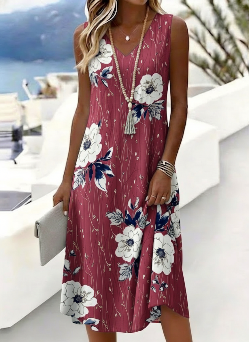 Women's Bold White Floral Print Sleeveless V-Neck Midi Dress Blue Casual Summer Tank Dress