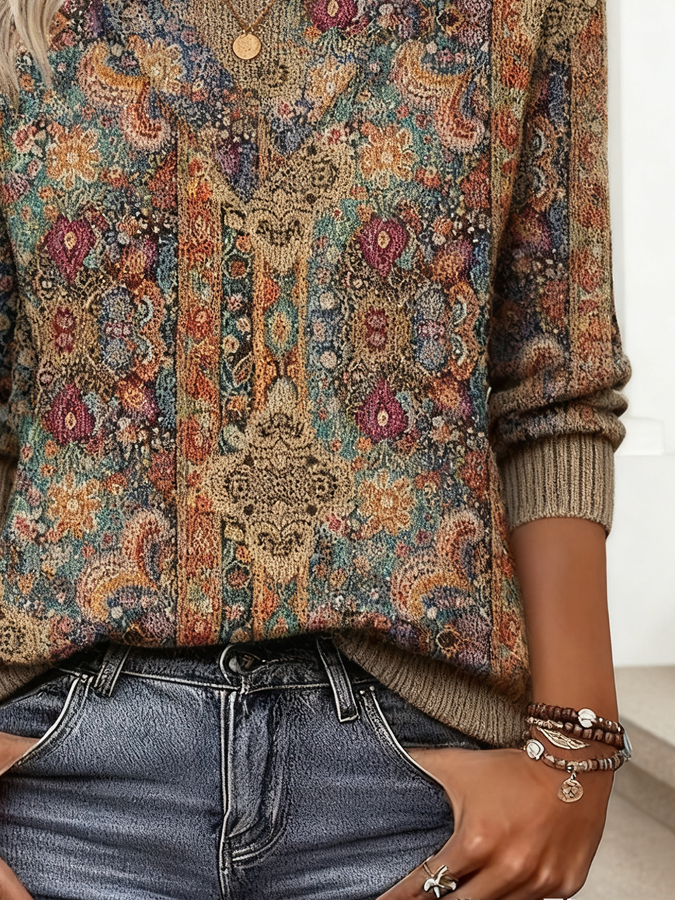 Vintage Geometric Turtleneck Loose Sweater