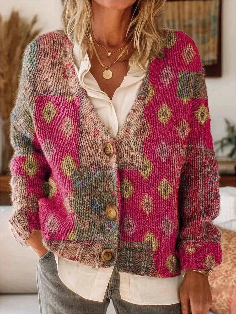 Women's Boho Folk Floral Print Buttoned V-neck Cardigan Sweater