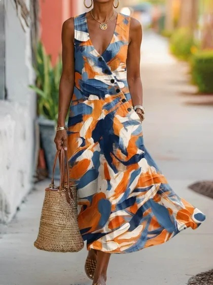 Linen Look Abstract Printed V Neck Sleeveless Button Summer Vacation Casual Maxi Dress