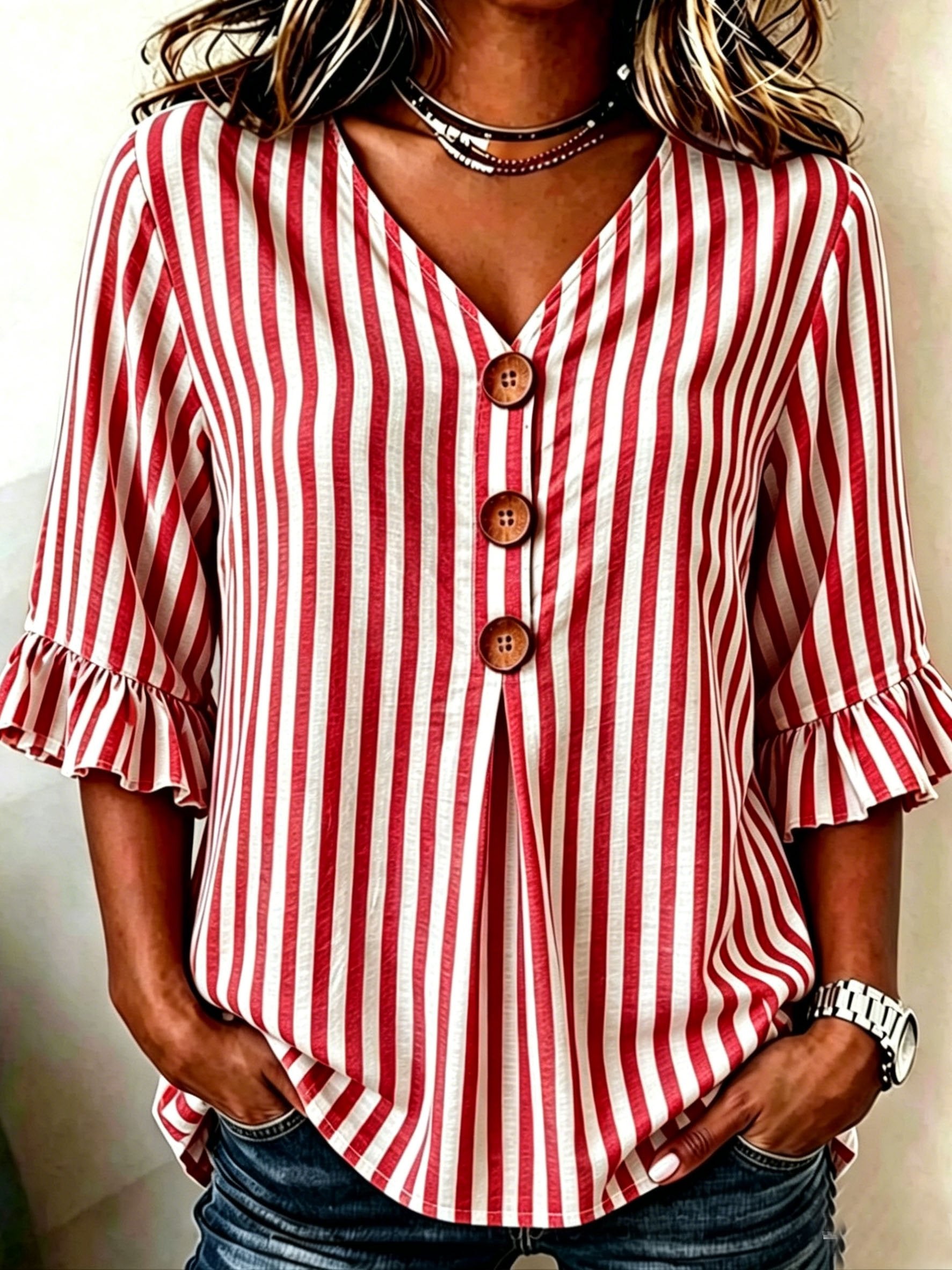 Blue Striped V Neck Ruffle Short Sleeve Button Daily Going Out Casual Blouse