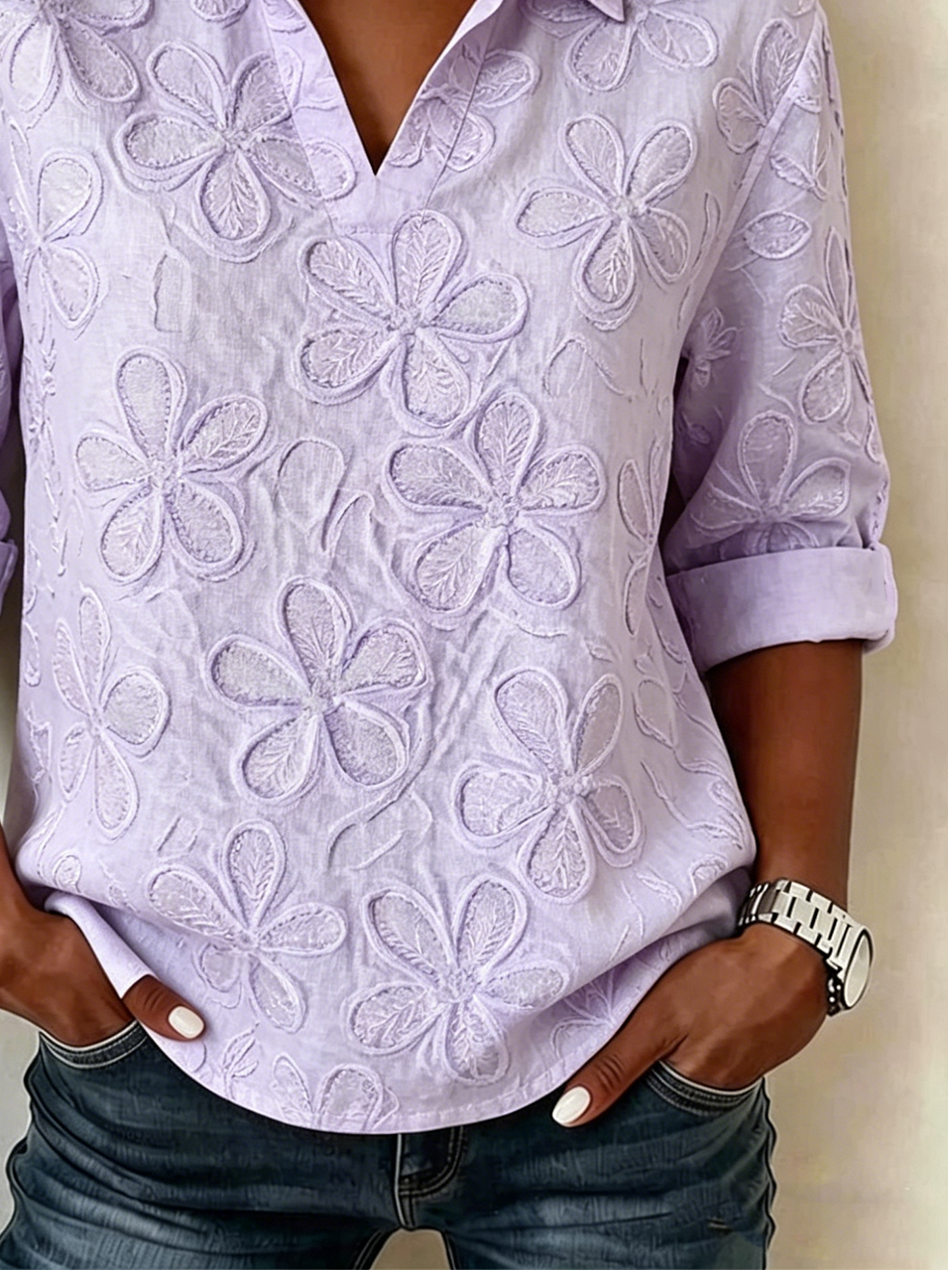 Floral Elegant Loose Shawl Collar Shirt
