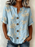 Women's Floral Print Linen Blend V-Neck Button Front Rolled Sleeve Blouse