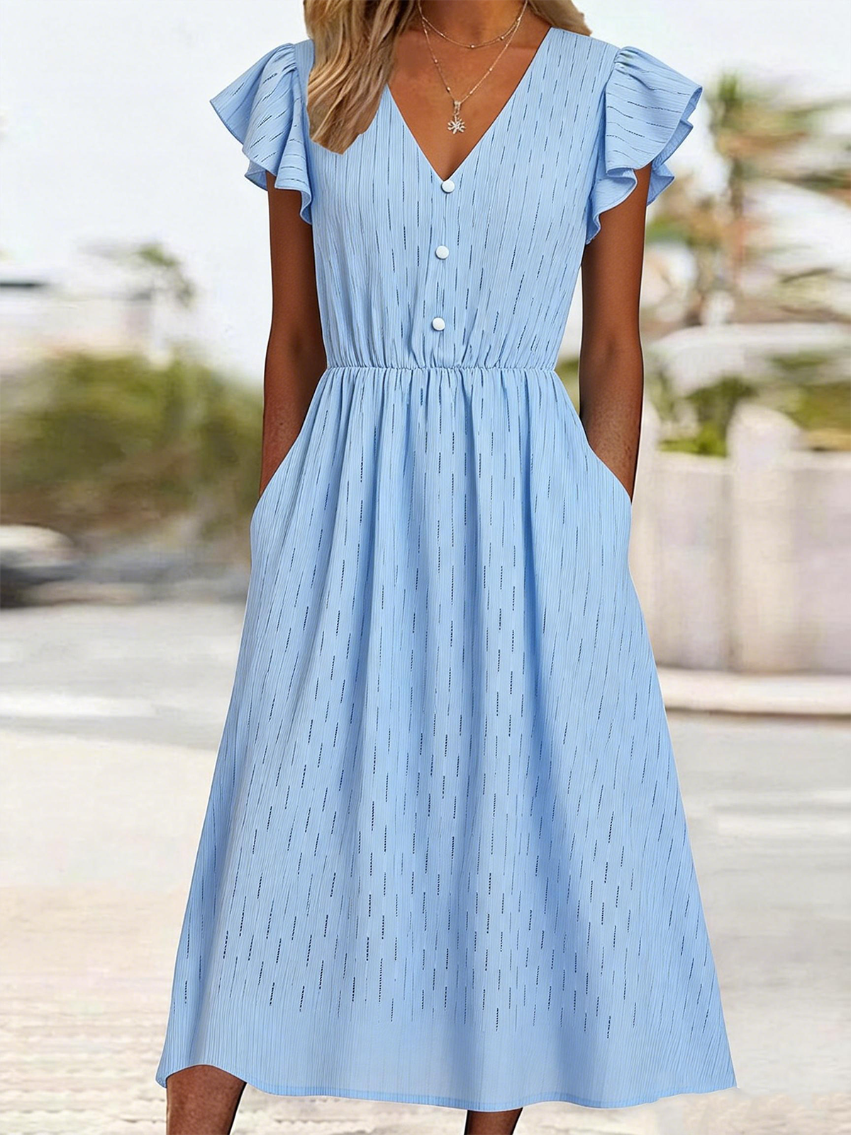 Elegant Loose Plain V Neck Dress With No