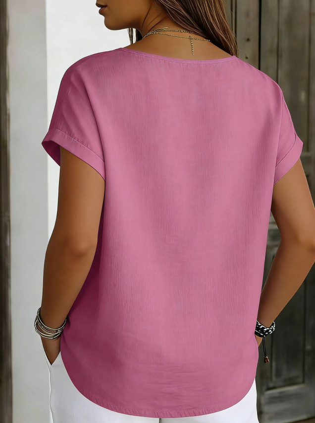 Cotton And Linen Plain Elegant Loose V Neck Short Sleeve Button Casual Shirt