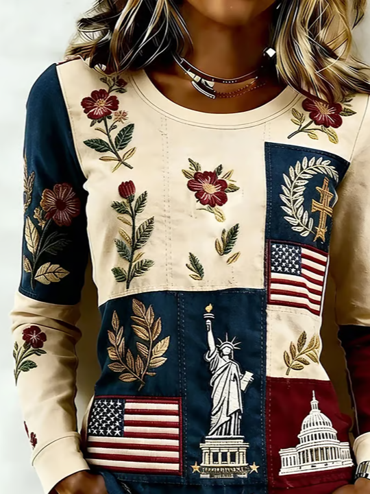 Women's Long Sleeve T-shirt Spring/Fall As Picture America Flag Printing Jersey Crew Neck Daily Going Out Casual Top