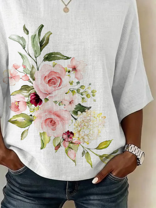 Women's Half Sleeve Blouse Summer White Floral Printing Crew Neck Daily Going Out Vintage Top