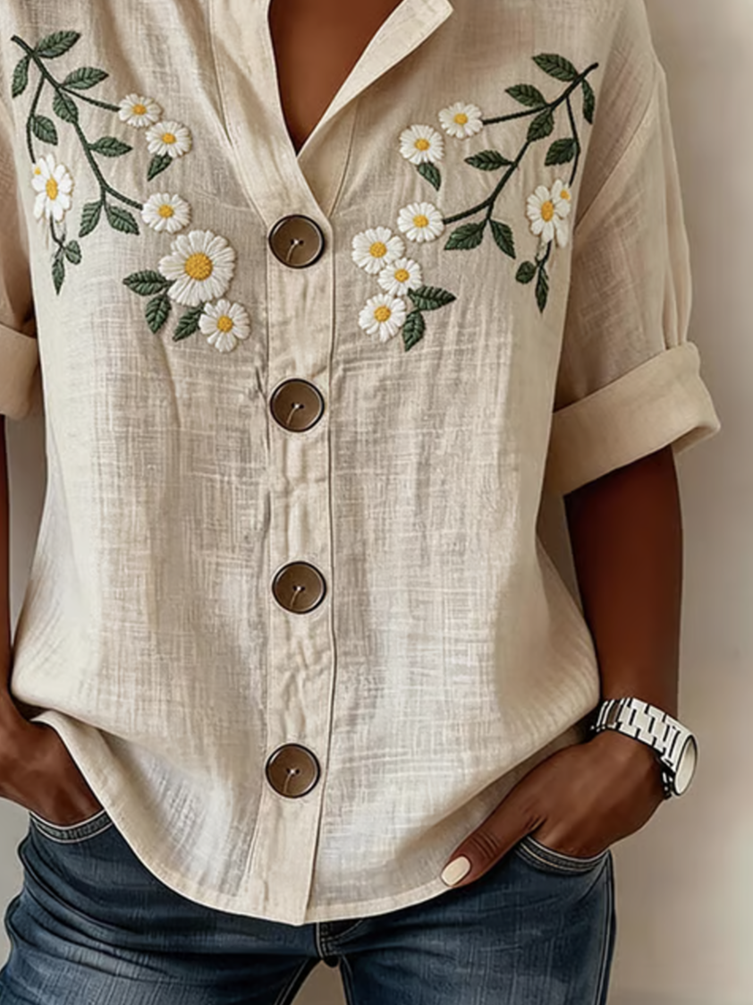 Simple Stand Collar Floral Linen Blend Shirt