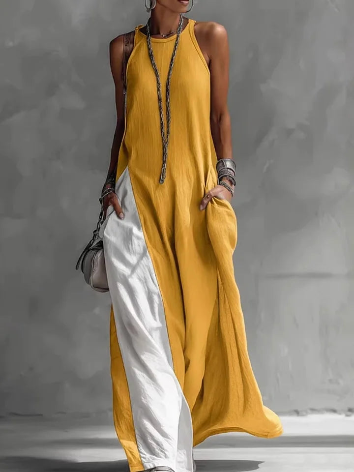 Casual Color Block Crew Neck Maxi Dress