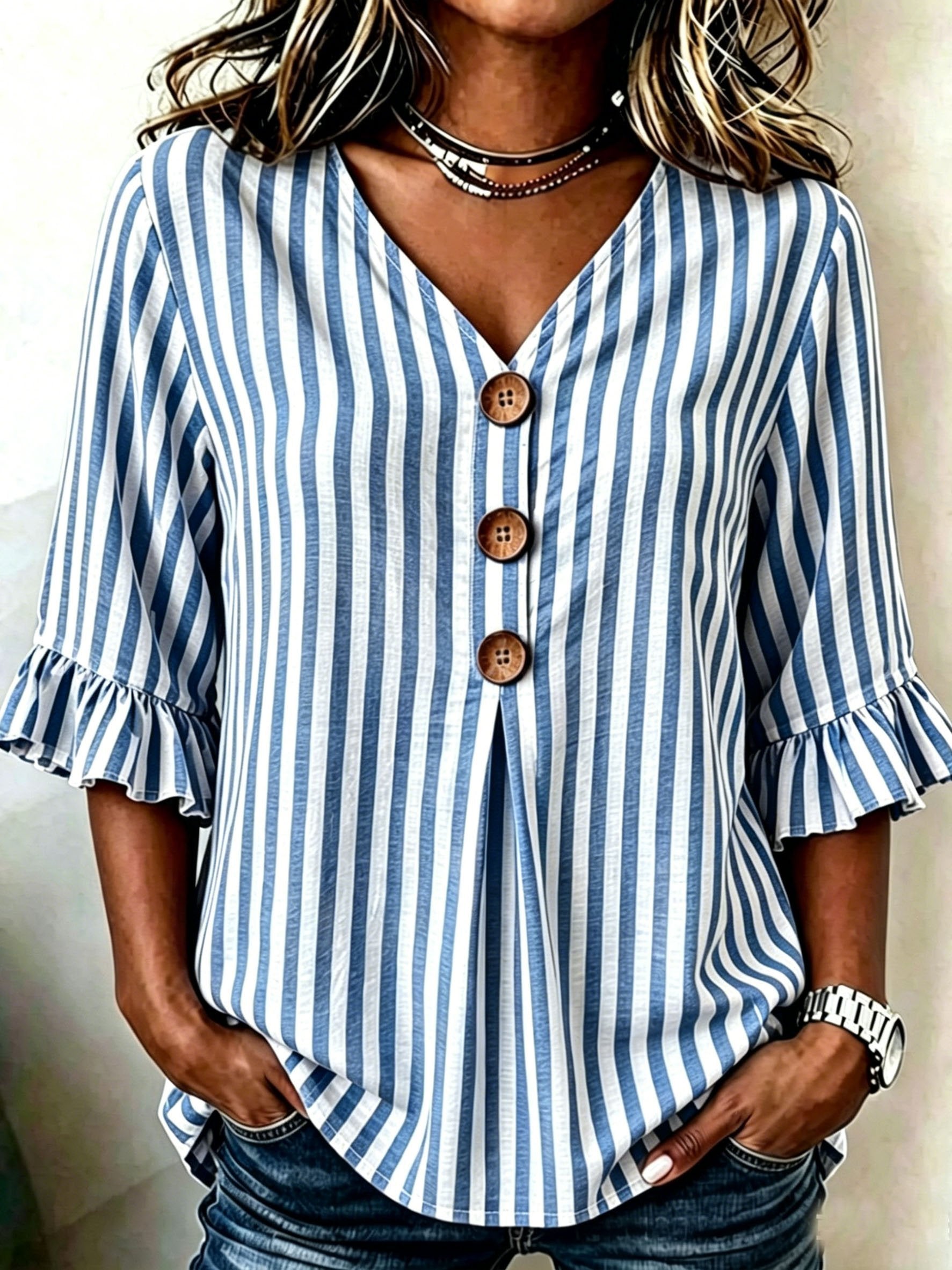 Blue Striped V Neck Ruffle Short Sleeve Button Daily Going Out Casual Blouse