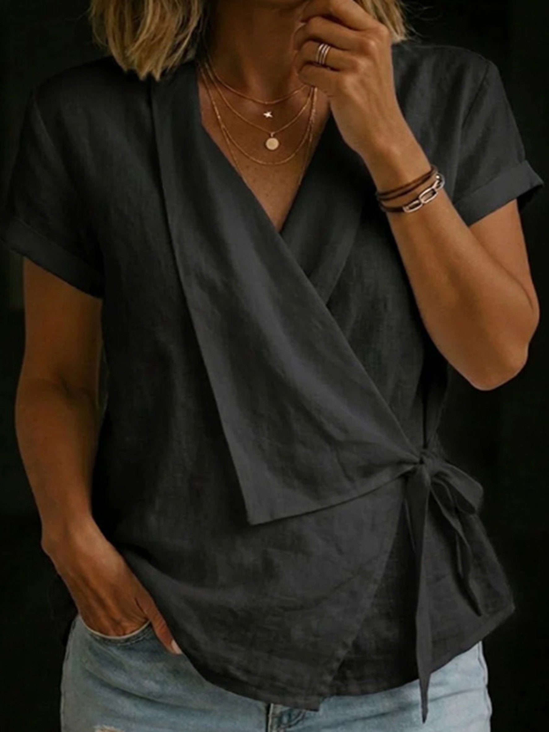Cotton And Linen Wrap Detail V Neck Short Sleeve Irregularly Shaped Hem Casual Blouse