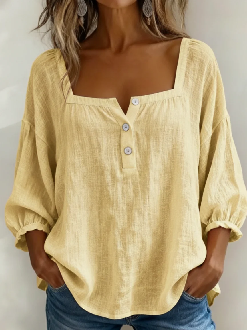 Women's Three Quarter Sleeve Blouse Spring/Fall White Plain Printing Square Neck Daily Going Out Vintage Top